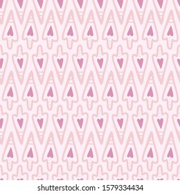 Fun hand drawn hearts and arrowheads illustration, perfect for Valentine's Day packaging, stationery, wrapping paper, fabric, gifts. Seamless vector pattern in shades of pink.