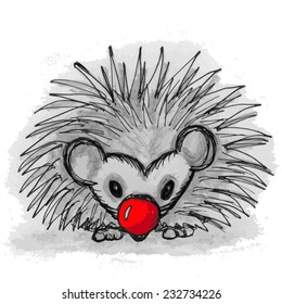 Fun hand drawn hedgehog sporting a red nose. 