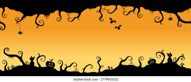 Fun hand drawn horizontal halloween seamless pattern, spooky branches and spiderwebs, pumpkins and bats - great for textiles, banners wrapping - vector design 