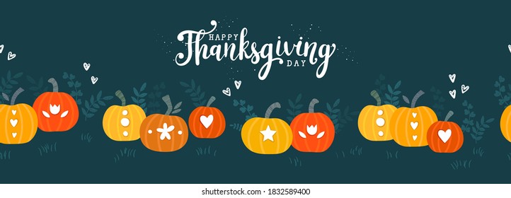 Fun hand drawn horizontal  seamless pattern with pumpkins, great for Halloween, Thanksgiving, textiles, banners, wallpapers - vector design