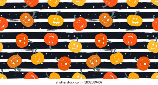 Fun hand drawn horizontal  seamless pattern with pumpkins, great for Halloween, Thanksgiving, textiles, banners, wallpapers - vector design