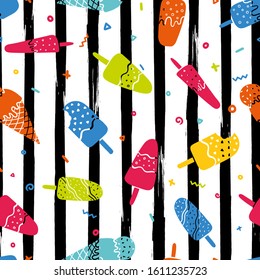 Fun hand drawn ice cream seamless pattern, doodle popsicles background, great for summer themed fabrics, banners, wallpapers, wrapping - vector design