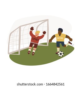 Fun hand drawn illustration of goalkeeper catching or blocking the ball in goals and forward running on pitch. Flat vector isolated illustration.