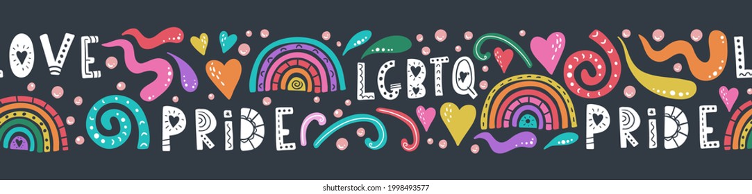 Fun hand drawn lgbtq seamless pattern, colorful background with letters, hearts, rainbows, great for textiles, banners, wallpapers, wrapping - vector design