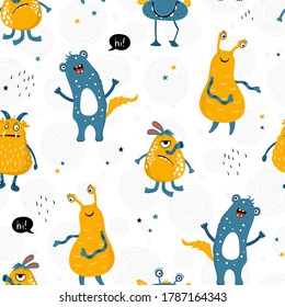 Fun hand drawn monster horizontal seamless pattern, cute doodle background, great for Kids, textiles, banners, wallpapers, wrapping - vector design