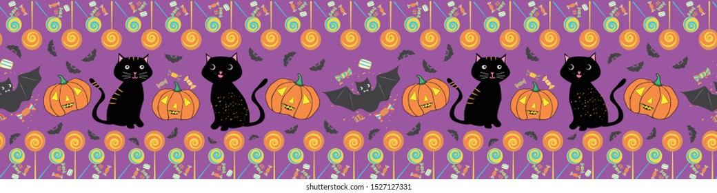 Fun hand drawn multicolor Halloween border with cats, bats, pumpkins and lollipops. Seamless vector pattern on purple background. Great for banners, party products, invitations, edging, stationery