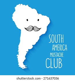 Fun hand drawn mustache club cartoon South America map vector illustration background