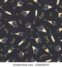 Fun hand drawn New Years Party seamless pattern - firework, paper streamers, cocktails and rockets doodles, great for banners, wallpapers, textiles, wrapping - vector design