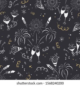 Fun hand drawn New Years Party seamless pattern - firework, paper streamers, cocktails and rockets doodles, great for banners, wallpapers, textiles, wrapping - vector design