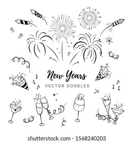 Fun hand drawn New Years Party doodles  - firework, paper streamers, cocktails and rockets , great for banners, wallpapers, textiles, wrapping - vector design