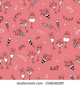 Fun hand drawn New Years Party seamless pattern - firework, paper streamers, cocktails and rockets doodles, great for banners, wallpapers, textiles, wrapping - vector design