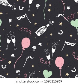 Fun hand drawn New Years Party seamless pattern - firework, paper streamers, cocktails and rockets doodles, great for banners, wallpapers, textiles, wrapping - vector design