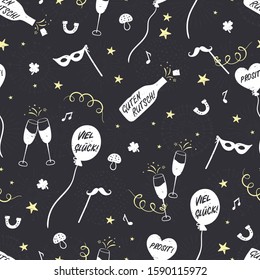 Fun hand drawn New Years Party seamless pattern - firework, paper streamers, cocktails and rockets doodles, great for banners, wallpapers, textiles, wrapping - vector design