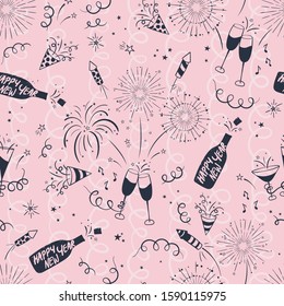 Fun hand drawn New Years Party seamless pattern - firework, paper streamers, cocktails and rockets doodles, great for banners, wallpapers, textiles, wrapping - vector design