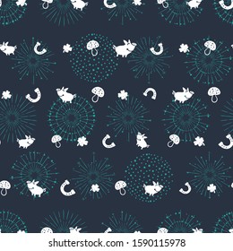 Fun hand drawn New Years Party seamless pattern - lucky charms and fireworks, great for banners, wallpapers, textiles, wrapping - vector design