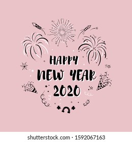 Fun hand drawn New Years type with firework doodles, streamers, stars doodles - great for party invitations, cards