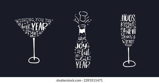 Doodles de la fiesta de Año Nuevo dibujados a mano - escritura de mano linda y fuegos artificiales - diseño de vector