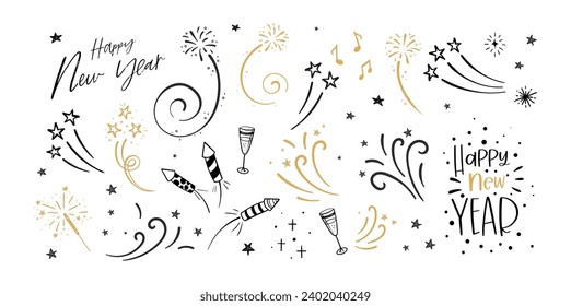 Freude handgezeichnete New Years Party-Doodles - Feuerwerk, Papierstrommel, Cocktails und Raketen , großartig für Banner, Wallpaper, Textilien, Umhüllung - Vektordesign
