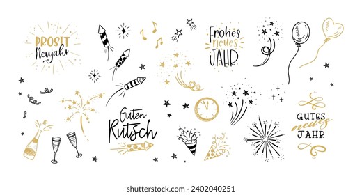 Fun hand drawn New Years Party doodles and german New Years Greetings  - firework, paper streamers, cocktails and rockets , great for banners, wallpapers, textiles, wrapping - vector design
