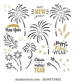 Fun hand drawn New Years Party elements  - firework, rockets, decoration and typography , great for banners, wallpapers, textiles, wrapping - vector design
