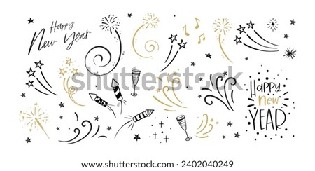 Fun hand drawn New Years Party doodles  - firework, paper streamers, cocktails and rockets , great for banners, wallpapers, textiles, wrapping - vector design
