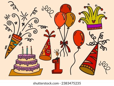 Fun hand drawn party background with balloons and party decoration. Great for birthday or happy new year parties, textiles, banners, wallpapers, wrapping - vector design.