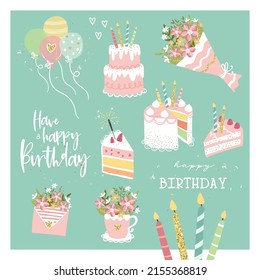 Diversos diseños de tarjetas de fiesta dibujados a mano. Plantillas encantadoras, estupendas para fiestas de cumpleaños, banners, fondos de pantalla, invitaciones - diseño vectorial 