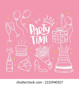 Fun hand drawn party design with cakes, gift boxes, balloons and party decoration. Great for birthday parties, textiles, banners, wallpapers, wrapping - vector design 