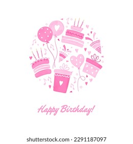 Fun hand drawn party design with cakes, gift boxes, balloons and party decoration. Great for birthday parties, textiles, banners, wallpapers, wrapping - vector design
