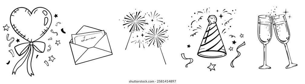 Fun hand drawn Party doodles - firework, paper streamers, champagne and invitation, great for banners, wallpapers, textiles, wrapping - vector design