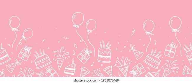 Fun hand drawn party seamless background with cakes, gift boxes, balloons and party decoration. Great for birthday parties, textiles, banners, wallpapers, wrapping - vector design