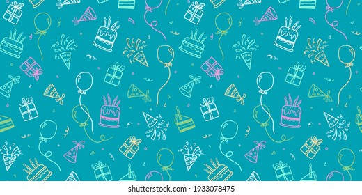 Fun hand drawn party seamless background with cakes, gift boxes, balloons and party decoration. Great for birthday parties, textiles, banners, wallpapers, wrapping - vector design