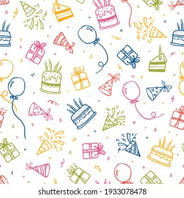 Fun hand drawn party seamless background with cakes, gift boxes, balloons and party decoration. Great for birthday parties, textiles, banners, wallpapers, wrapping - vector design