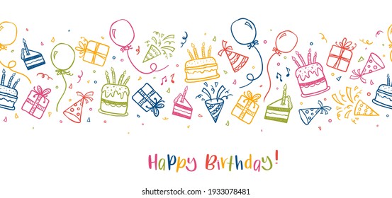 El fondo de la fiesta, hecho a mano, es divertido y sin fisuras con pasteles, cajas de regalo, globos y decoración de fiestas. Ideal para fiestas de cumpleaños, textiles, banners, fondos de pantalla, envoltura - diseño vectorial
