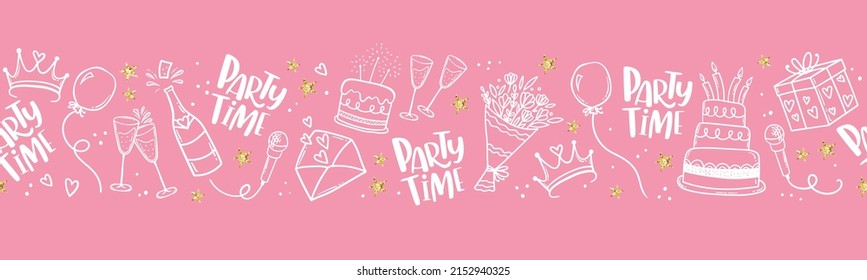 Fun hand drawn party seamless background with cakes, gift boxes, balloons and party decoration. Great for birthday parties, textiles, banners, wallpapers, wrapping - vector design 