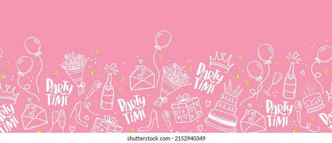 El fondo de la fiesta, hecho a mano, es divertido y sin fisuras con pasteles, cajas de regalo, globos y decoración de fiestas. Ideal para fiestas de cumpleaños, textiles, banners, fondos de pantalla, envoltura - diseño vectorial 