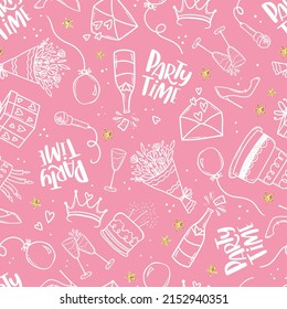 Fun hand drawn party seamless background with cakes, gift boxes, balloons and party decoration. Great for birthday parties, textiles, banners, wallpapers, wrapping - vector design 