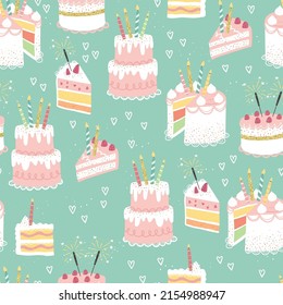 Fun hand drawn party seamless background with cute decorated cakes. Great for birthday parties, textiles, banners, wallpapers, wrapping - vector design 