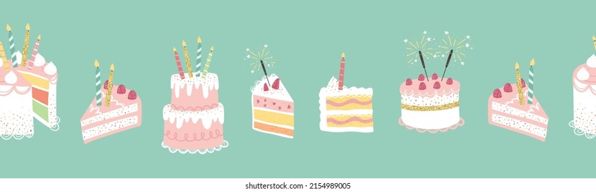 Fun hand drawn party seamless background with cute decorated cakes. Great for birthday parties, textiles, banners, wallpapers, wrapping - vector design 