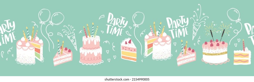 Fun hand drawn party seamless background with cute decorated cakes. Great for birthday parties, textiles, banners, wallpapers, wrapping - vector design 