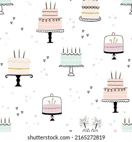 Fun hand drawn party seamless background with cute decorated cakes. Great for birthday parties, textiles, banners, wallpapers, wrapping - vector design 