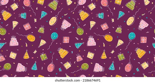 El fondo de la fiesta, hecho a mano, es divertido y sin fisuras con pasteles, cajas de regalo, globos y decoración de fiestas. Ideal para fiestas de cumpleaños, textiles, banners, fondos de pantalla, envoltura - diseño vectorial 