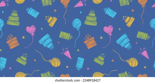  Fun hand drawn party seamless background with cakes, gift boxes, balloons and party decoration. Great for birthday parties, textiles, banners, wallpapers, wrapping - vector design 