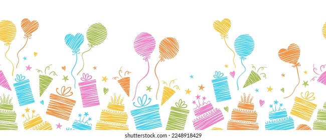  Fun hand drawn party seamless background with cakes, gift boxes, balloons and party decoration. Great for birthday parties, textiles, banners, wallpapers, wrapping - vector design 