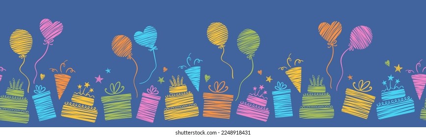  Fun hand drawn party seamless background with cakes, gift boxes, balloons and party decoration. Great for birthday parties, textiles, banners, wallpapers, wrapping - vector design 