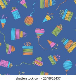  Fun hand drawn party seamless background with cakes, gift boxes, balloons and party decoration. Great for birthday parties, textiles, banners, wallpapers, wrapping - vector design 