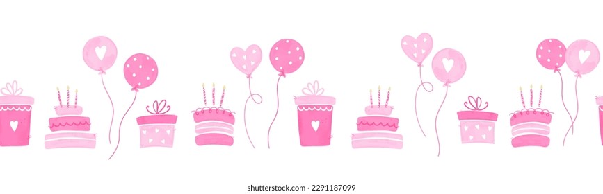 Divertido diseño hecho a mano sin fisuras con pasteles, cajas de regalo, globos y decoración de fiestas. Ideal para fiestas de cumpleaños, textiles, banners, fondos de pantalla, envoltura - diseño vectorial
