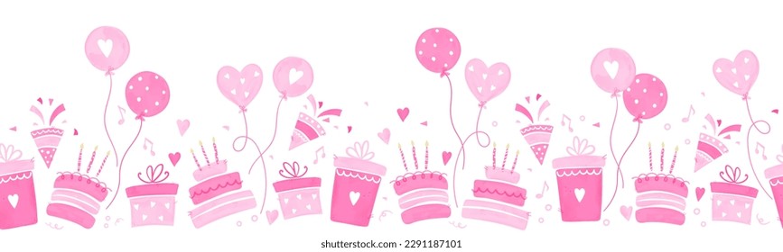 Fun hand drawn party seamless design with cakes, gift boxes, balloons and party decoration. Great for birthday parties, textiles, banners, wallpapers, wrapping - vector design
