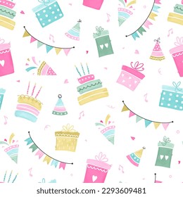 Fun hand drawn party seamless background with cakes, gift boxes, balloons and party decoration. Great for birthday parties, textiles, banners, wallpapers, wrapping - vector design 