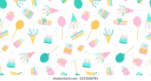 Fun hand drawn party seamless background with cakes, gift boxes, balloons and party decoration. Great for birthday parties, textiles, banners, wallpapers, wrapping - vector design